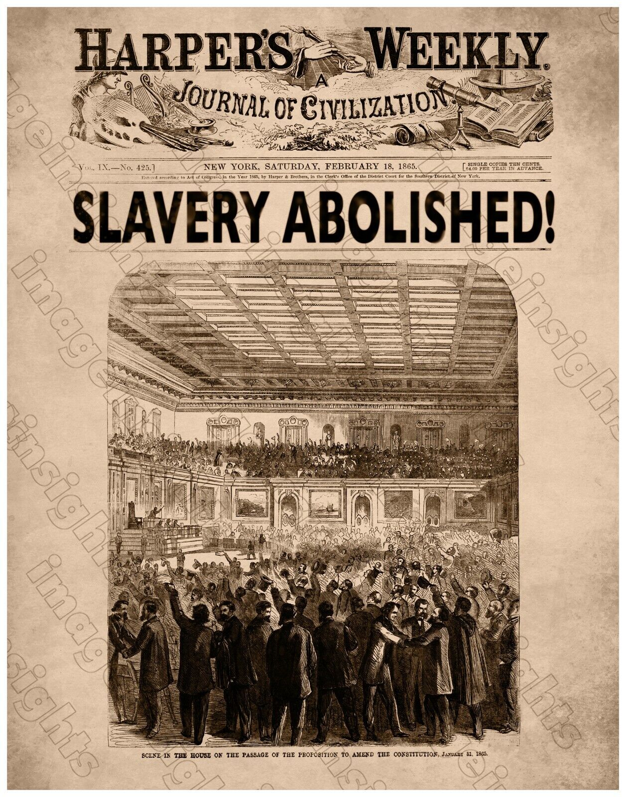 13th AMENDMENT HARPER\'S SLAVERY ABOLISHED1865 Restored Engraving RP/Poster 11x14