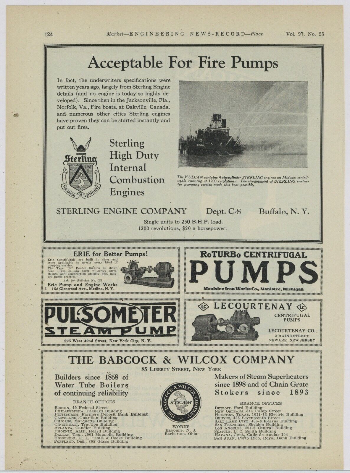 1926 Sterling Engine Ad: Vulcan Fire Boat Picture - Norfolk Virginia Fire Dept.