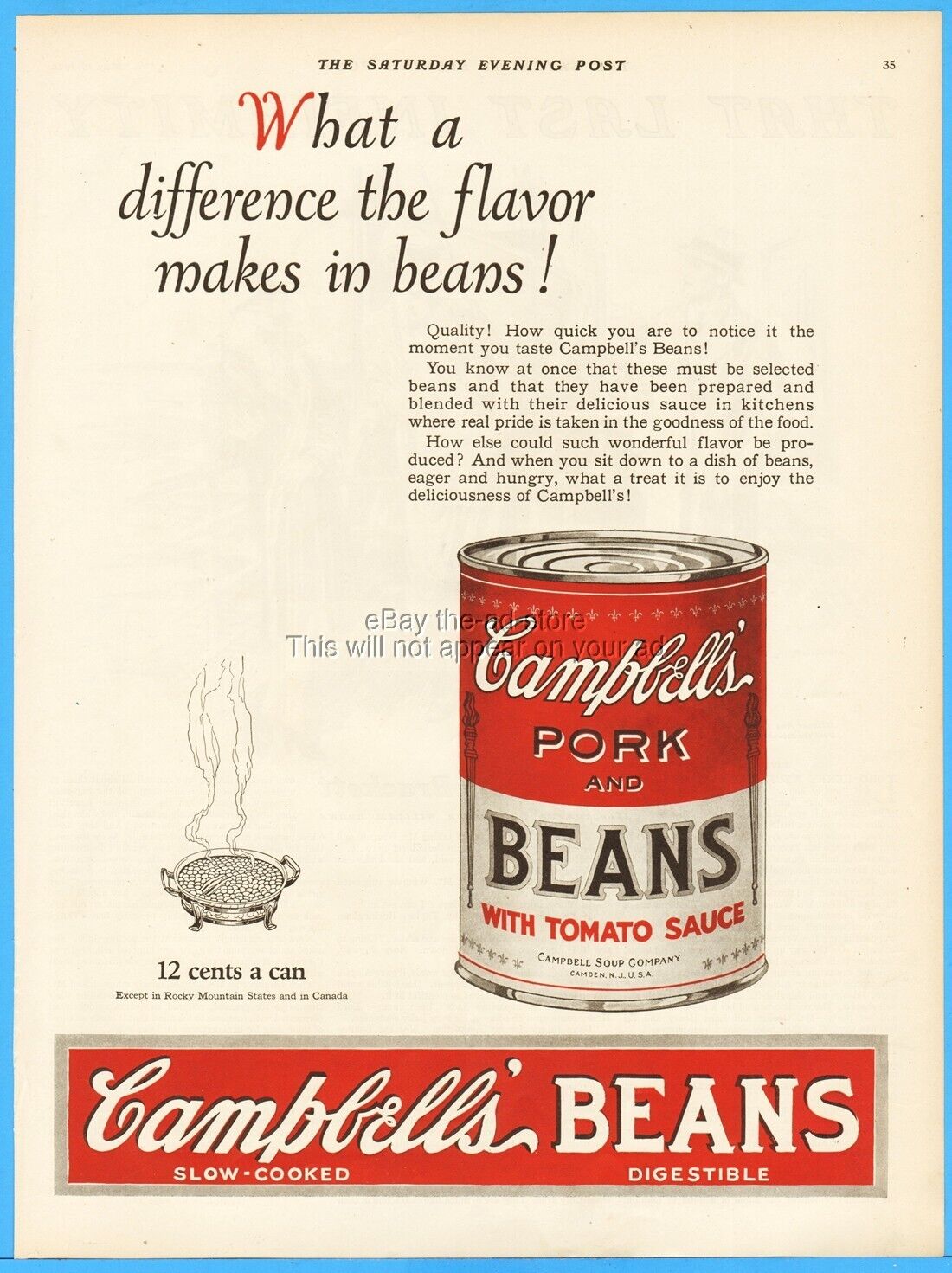 1926 Campbell\'s Pork and Beans Antique 1920\'s Kitchen Décor Vintage Magazine Ad