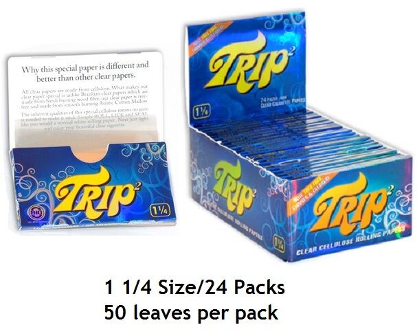 BOX 24 packs TRIP 2 CLEAR TRANSPARENT SEE THROUGH 1 1/4 Cigarette ROLLING PAPERS