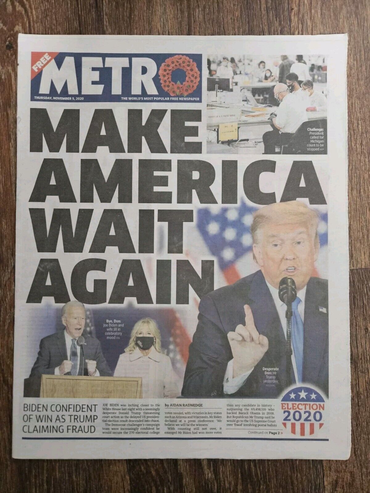 Metro Newspaper November 5th 2020 Donald Trump Election 2020 Madina Lake 
