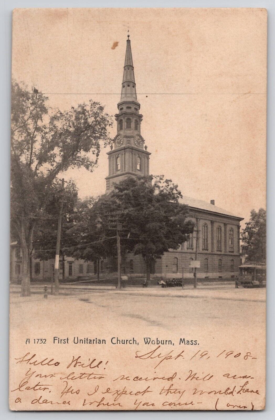 First Unitarian Church Woburn MA Massachusetts UDB 1908 Postcard Rotograph Co