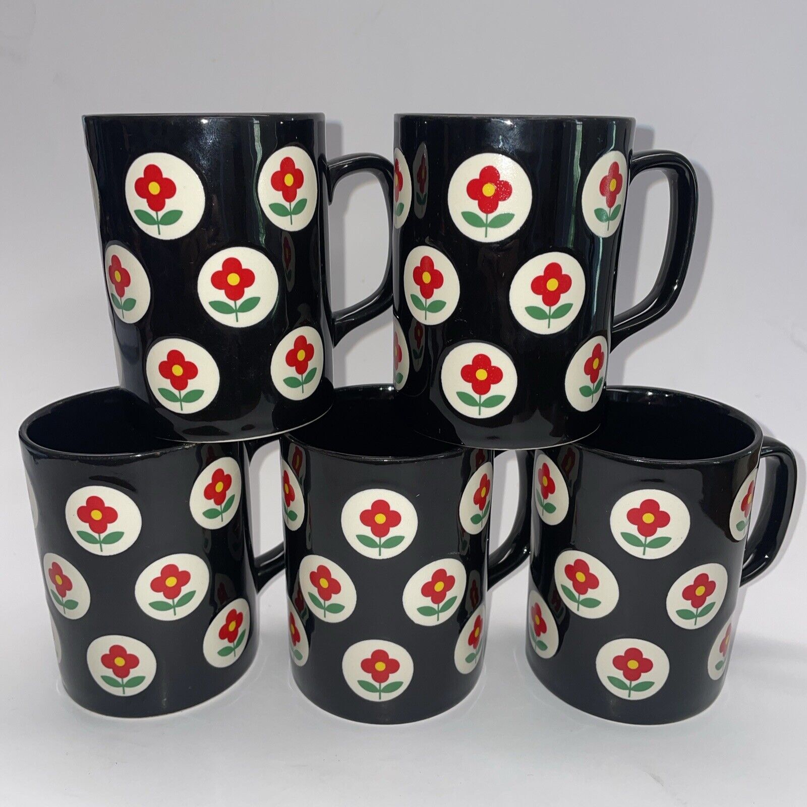 Set of 5 Vintage OTAGIRI Japan Black Mug with Red and Yellow Floral Circles