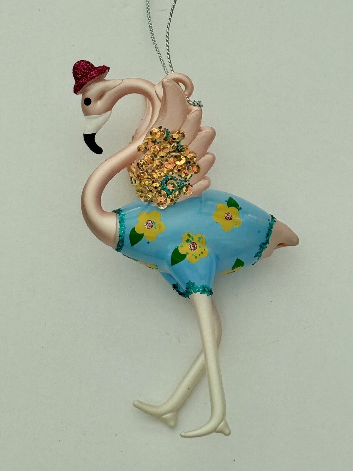Preppy Flamingo Glass Blown Ornament Pink Bowler Hat, Blue Yellow Floral, 5” NWT