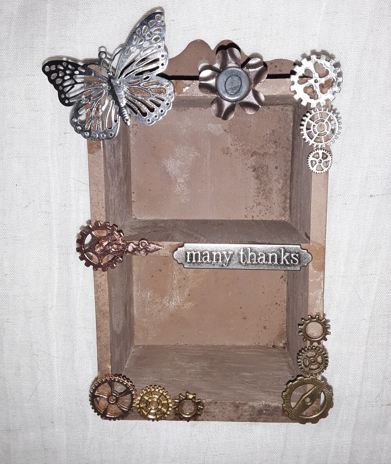Vintage trinket shelf hand decorated w/a touch of Steampunk decor Brown w/gears