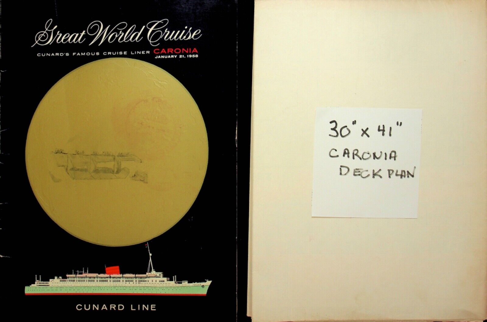 1958 GREAT  108 DAY CUNARD WORLD CRUISE ON THE CARONIA BOOKLET/DECK PLAN -E15-E
