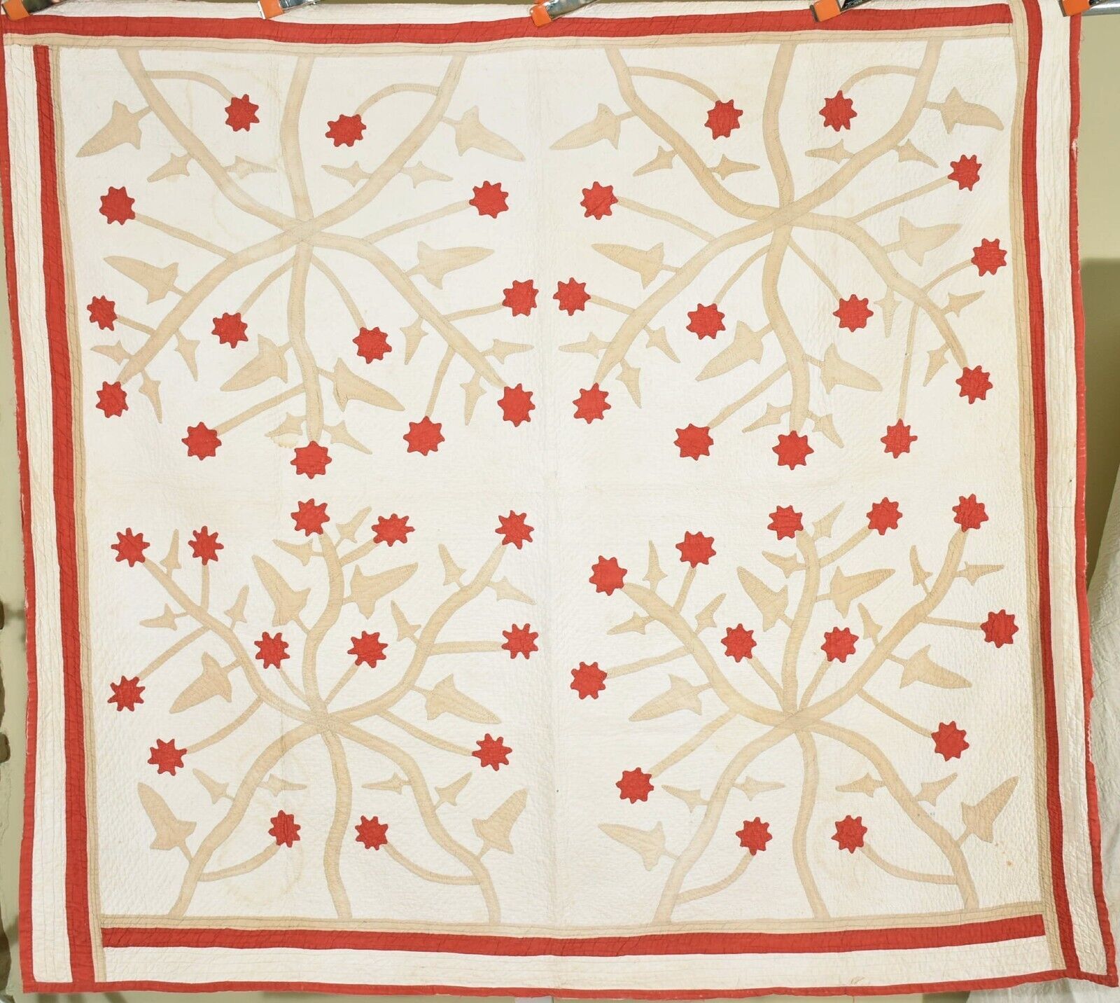 AMAZING Vintage 1880's Red & Tan Four Block Floral Applique Antique Quilt