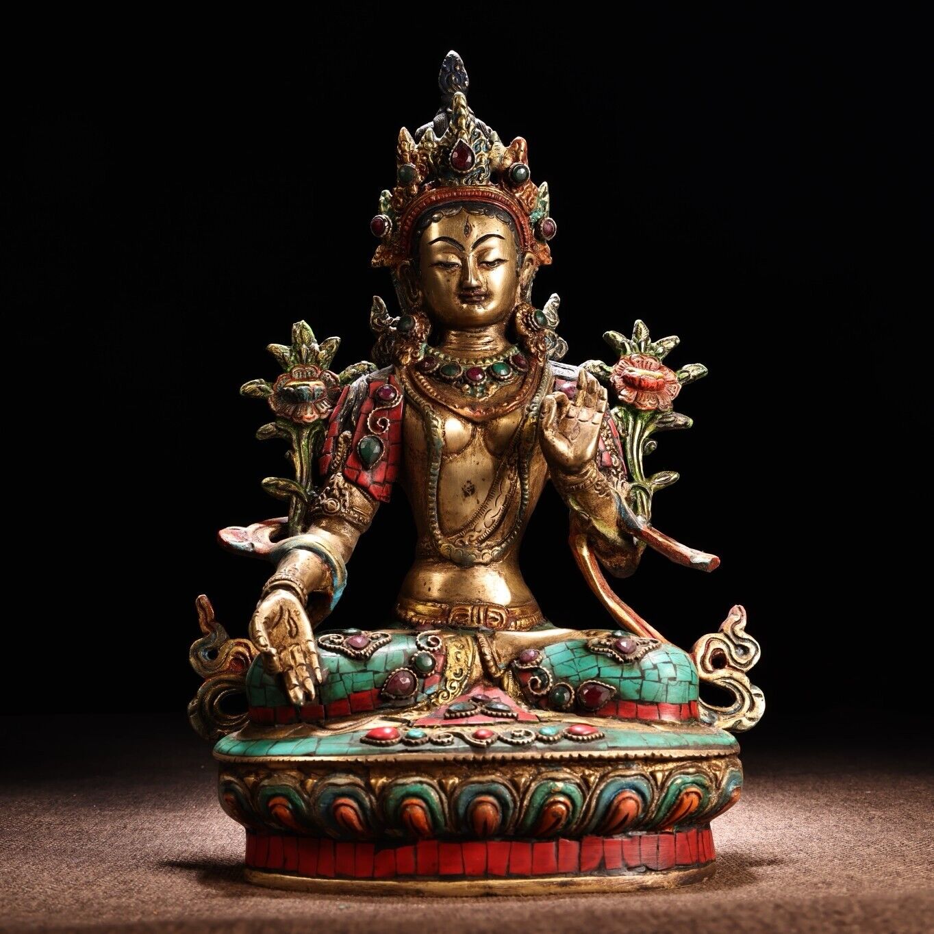 bronze Turquoise red coral Gem Buddhism white tara Guanyin Bodhisattva statue 