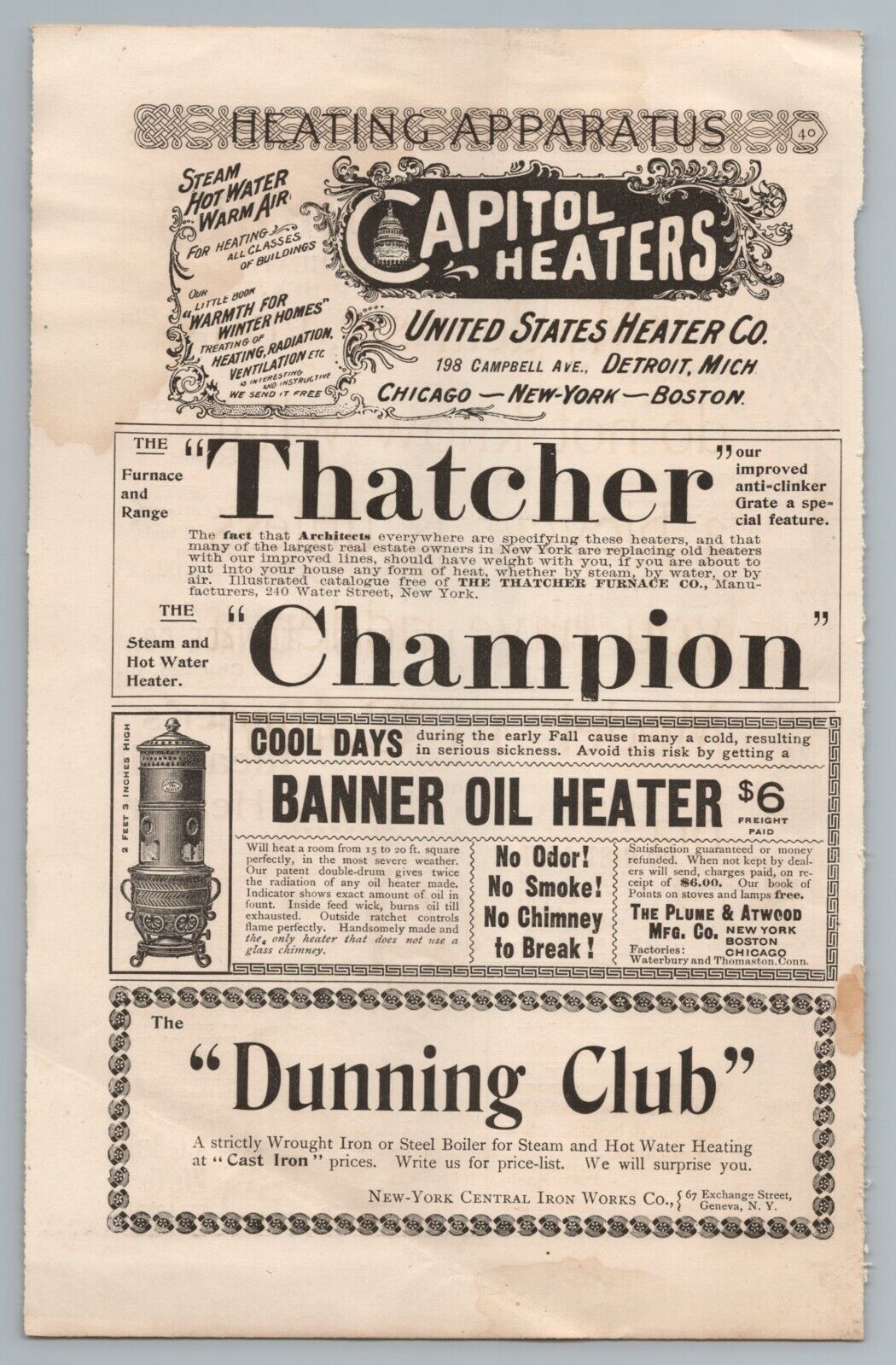 1890s-1910s Print Ad Heating Apparatus Thatcher, Plume Atwood, Barler, Davis