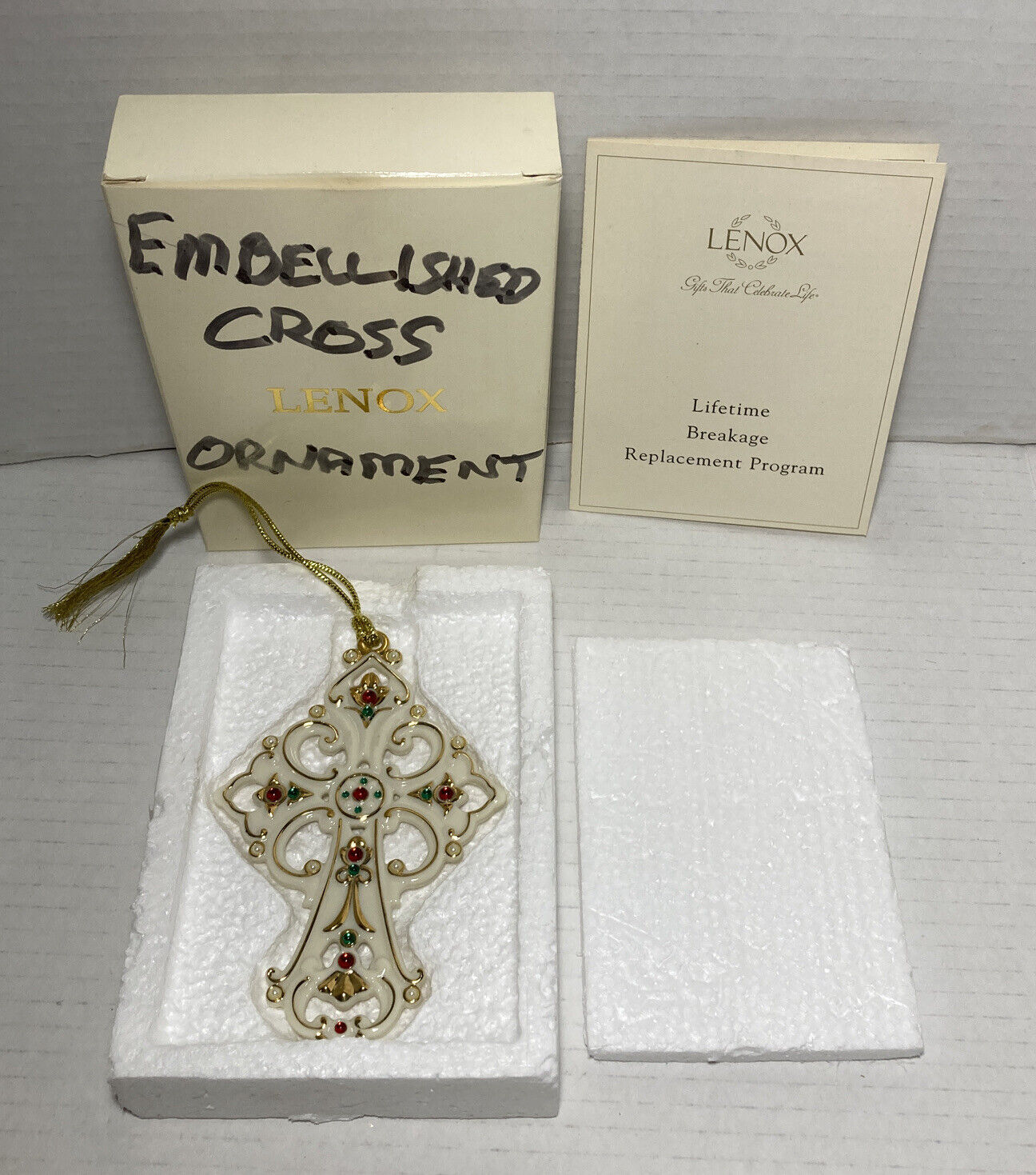 Lenox Embellished Cross Porcelain Christmas Holiday Ornament Hand Crafted