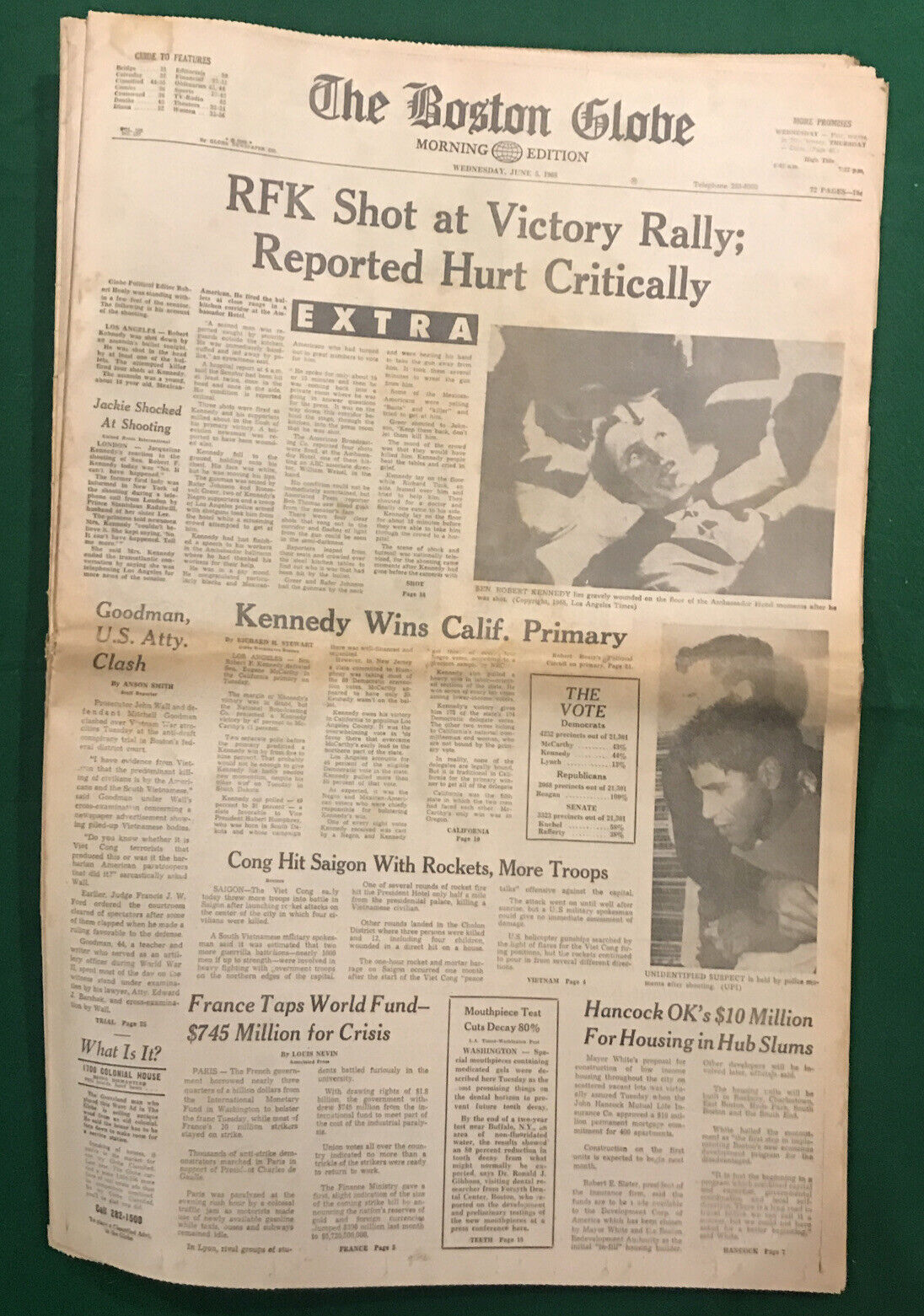 Vintage Robert Kennedy Shot Newspaper- 6/5/68 The Boston Globe 