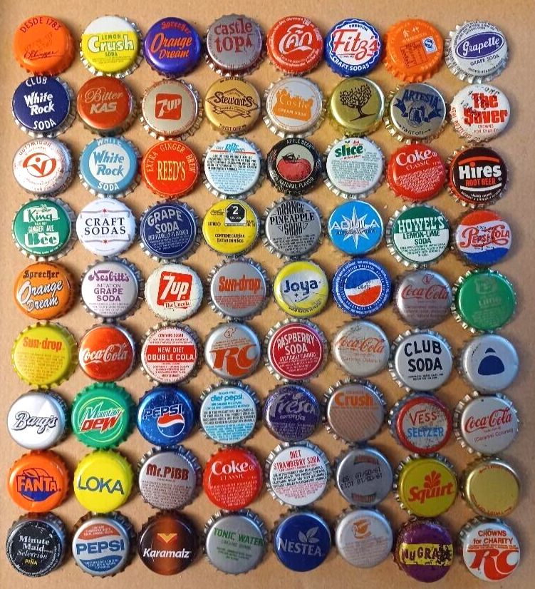 72 different SODA BOTTLE CAPS -PLASTIC BACKED - sd102