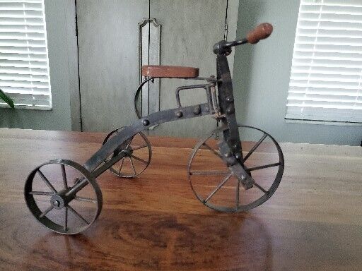 VTG Miniature Small Tricycle Functioning Wrought Iron & Wood Rustic Art Decor 9\