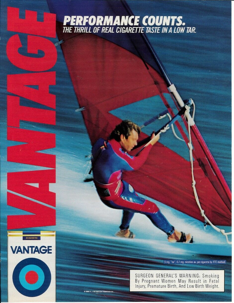 1986 VANTAGE Cigarettes Tobacco Wind Surfing Wet Suit Ocean Vintage Print Ad