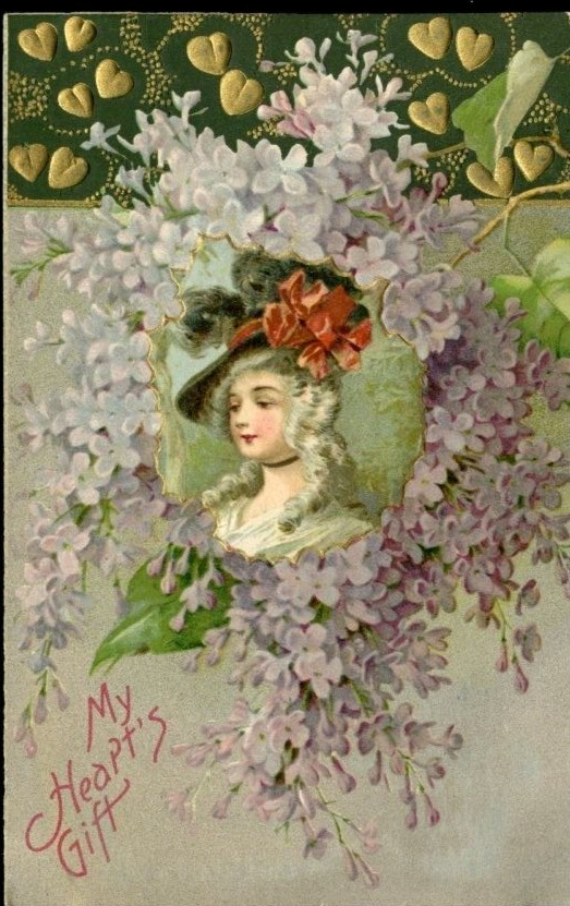 Antique Postcard Valentine My Heart's Gift Victorian Floral Green Silver  1909