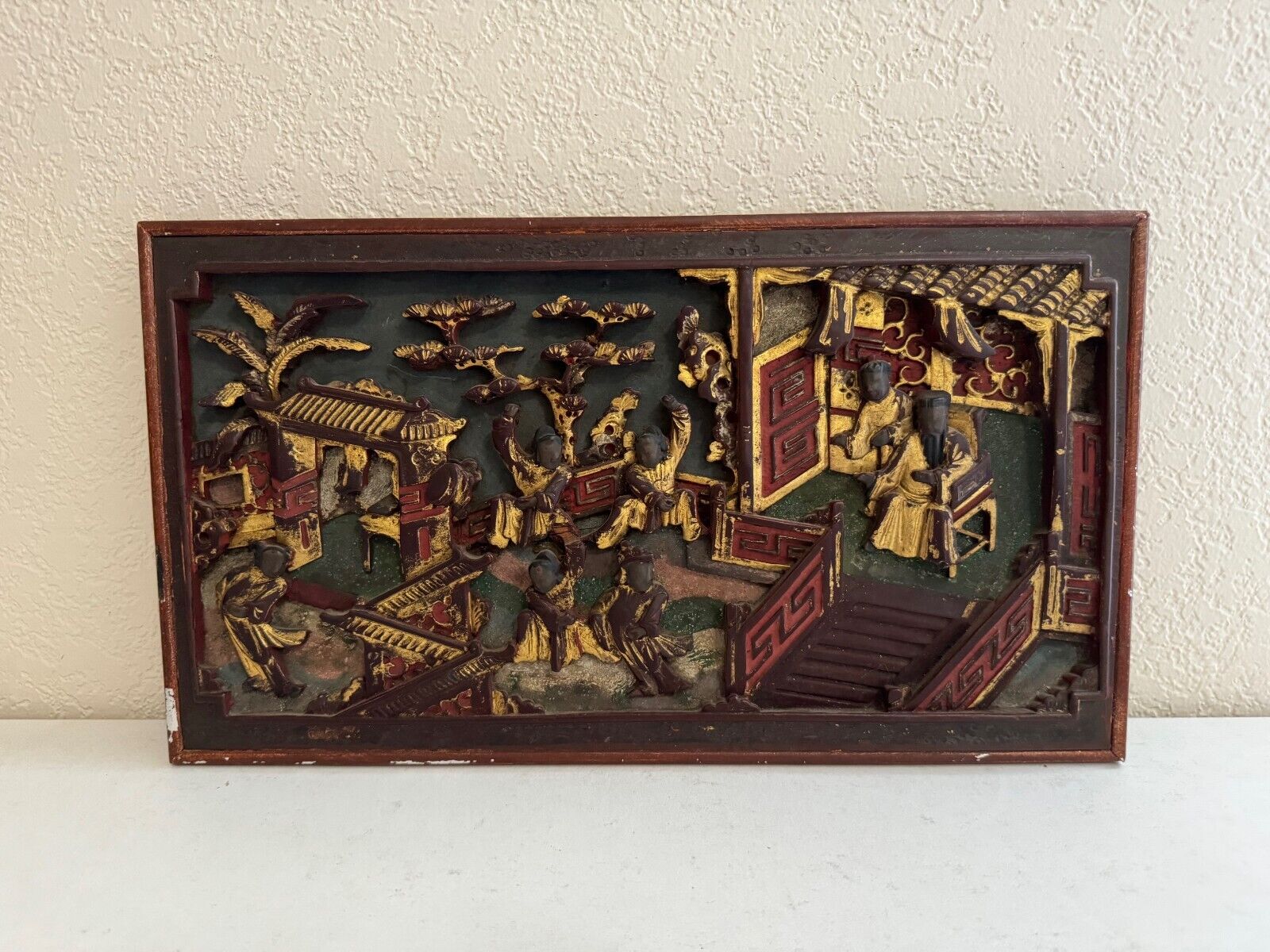 Vintage Antique Chinese Framed Carved Wood Panel w/ Gilded & Painted Figures