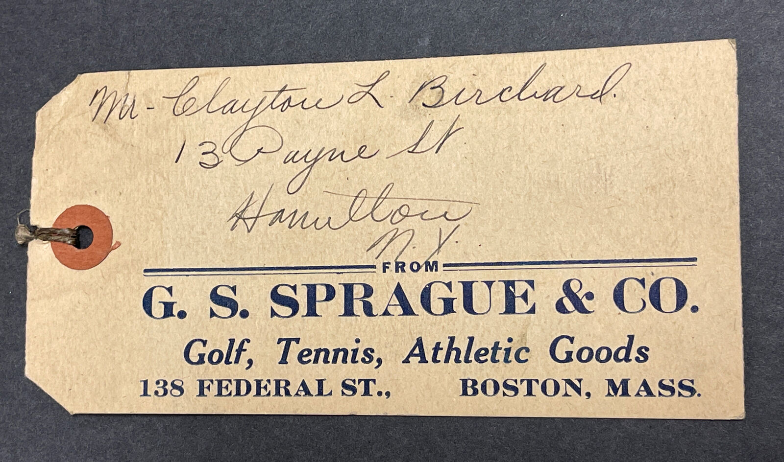 1925 G.S. Sprague Golf Tennis Athletic Goods Boston Receipt Tag American Railway
