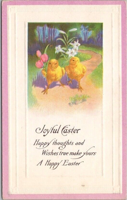 c1910s JOYFUL EASTER Embossed Postcard Baby Chicks / Lily Flowers - Unused