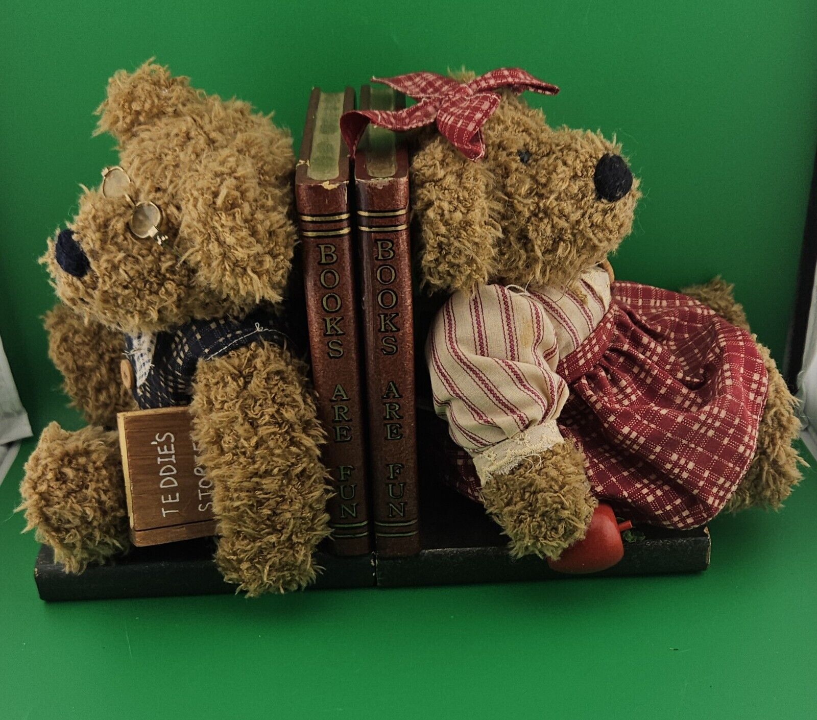 Girl & Boy Plush Teddy Bear Wood Bookends \