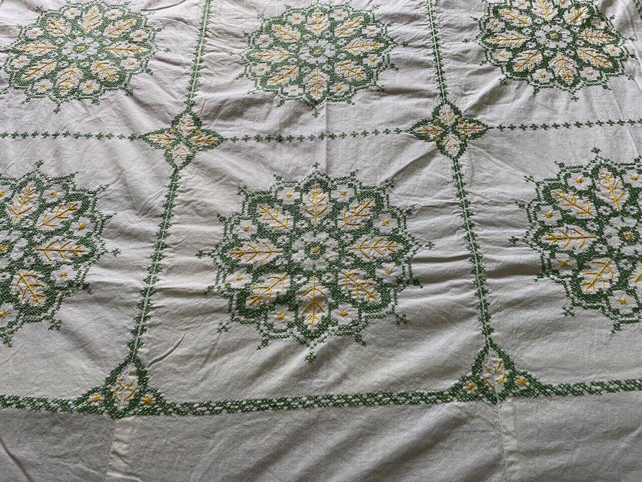 VINTAGE HAND SEWN QUILT TOP..EMBROIDERED..CROSS STITCH..86\'\' X 100\'\'
