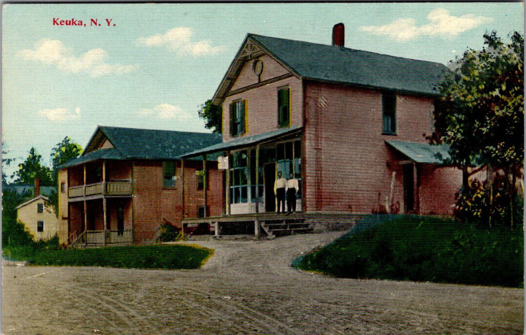 Vintage Postcard Keuka New York, Dirt road Homes with couple on front porch