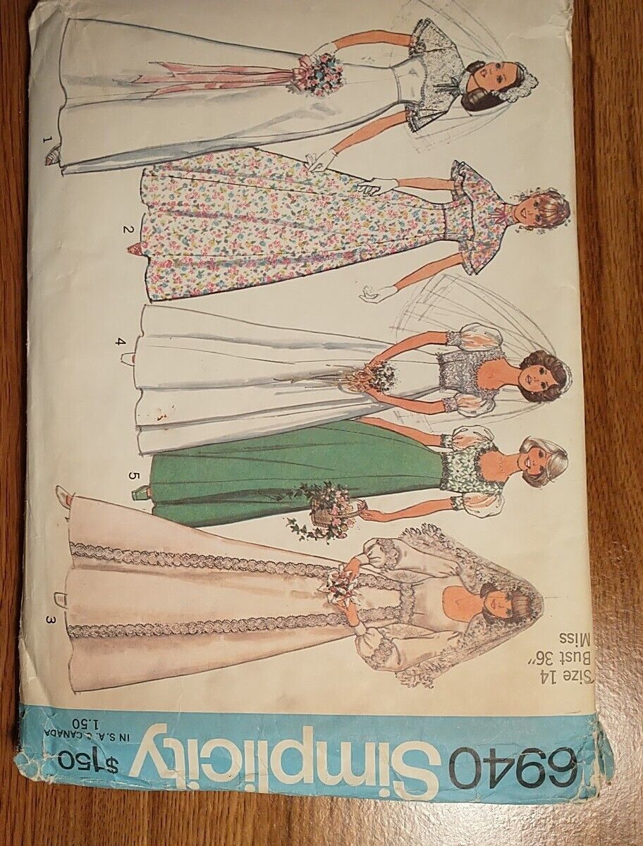 VTG Sewing Pattern Bridal Bridesmaid Prom Size 14 Simplicity 6940 Cut 1975