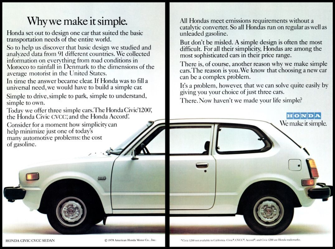 1978 Honda Why We Make It Simple Vintage Print Ad White Car