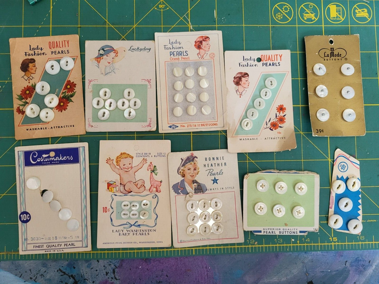 10 Mother Pearl original cards buttons 68 total excel condition diminutive small