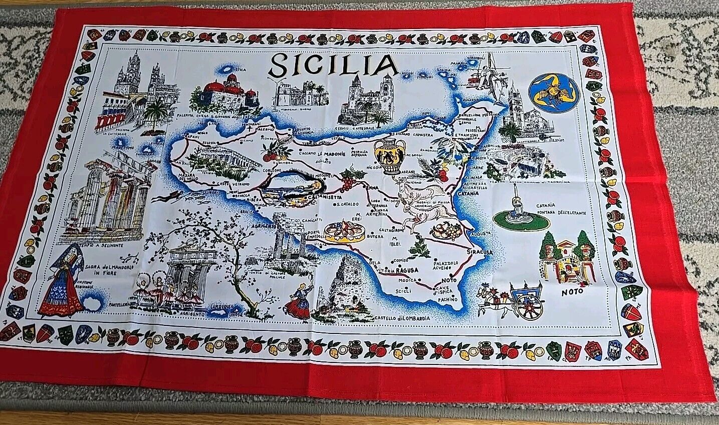 Sicilia Cotton Souvenir Map Tea Towel New