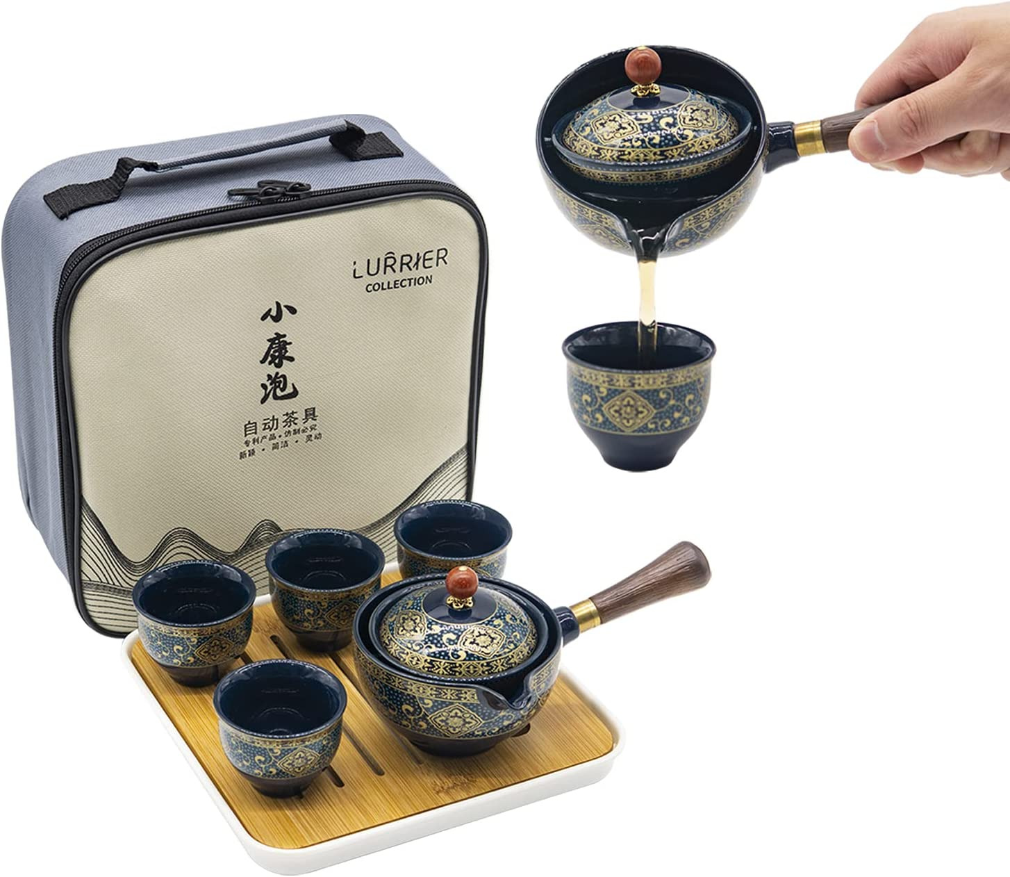 Porcelain Chinese Gongfu Tea Set,Portable Teapot Set with 360 Rotation Tea Maker