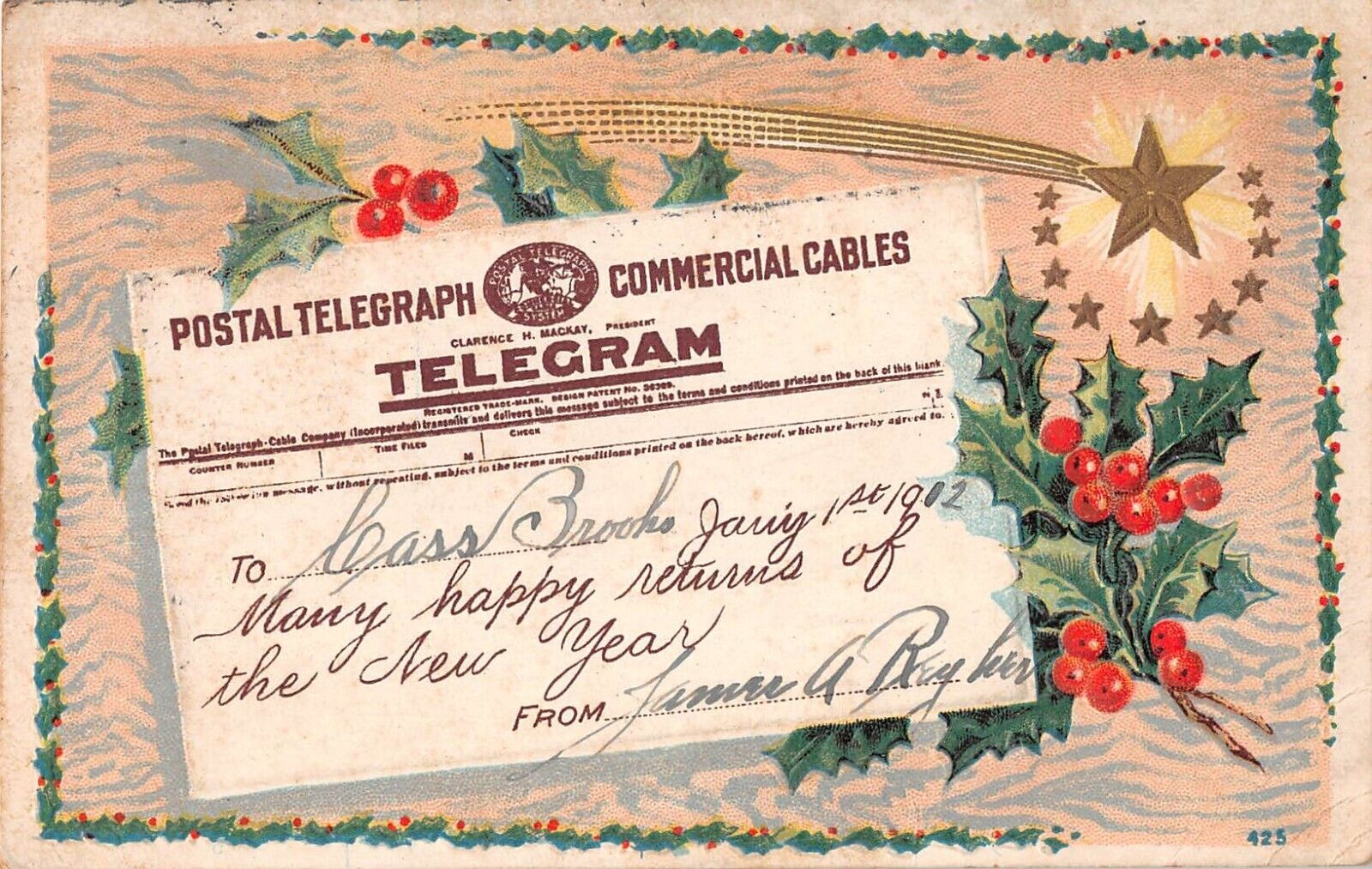 1912 New Year PC of a Shooting Star & Holly by a Postal Telegraph Cable Telegram