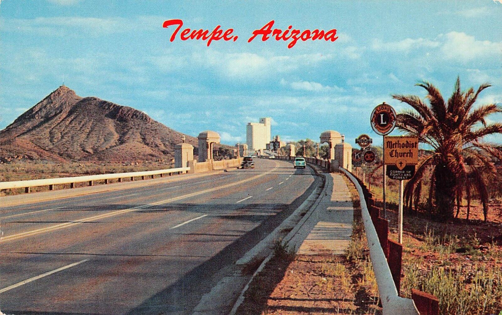 Tempe AZ Arizona Mill Avenue Bridge Downtown Skyline View 1950s Vtg Postcard C13