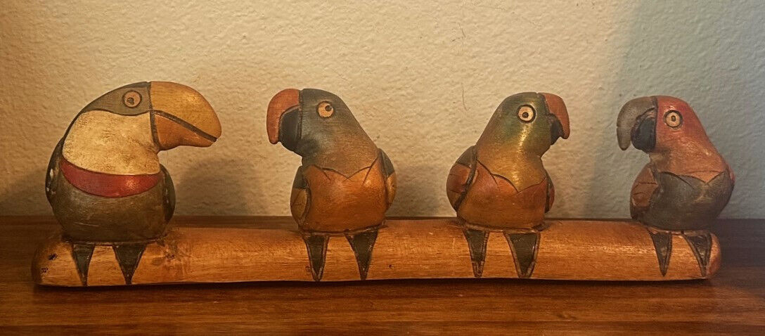 4 Vintage Hand Carved Wooden Tropical Birds on Branch Wall Art, Parrots Toucans