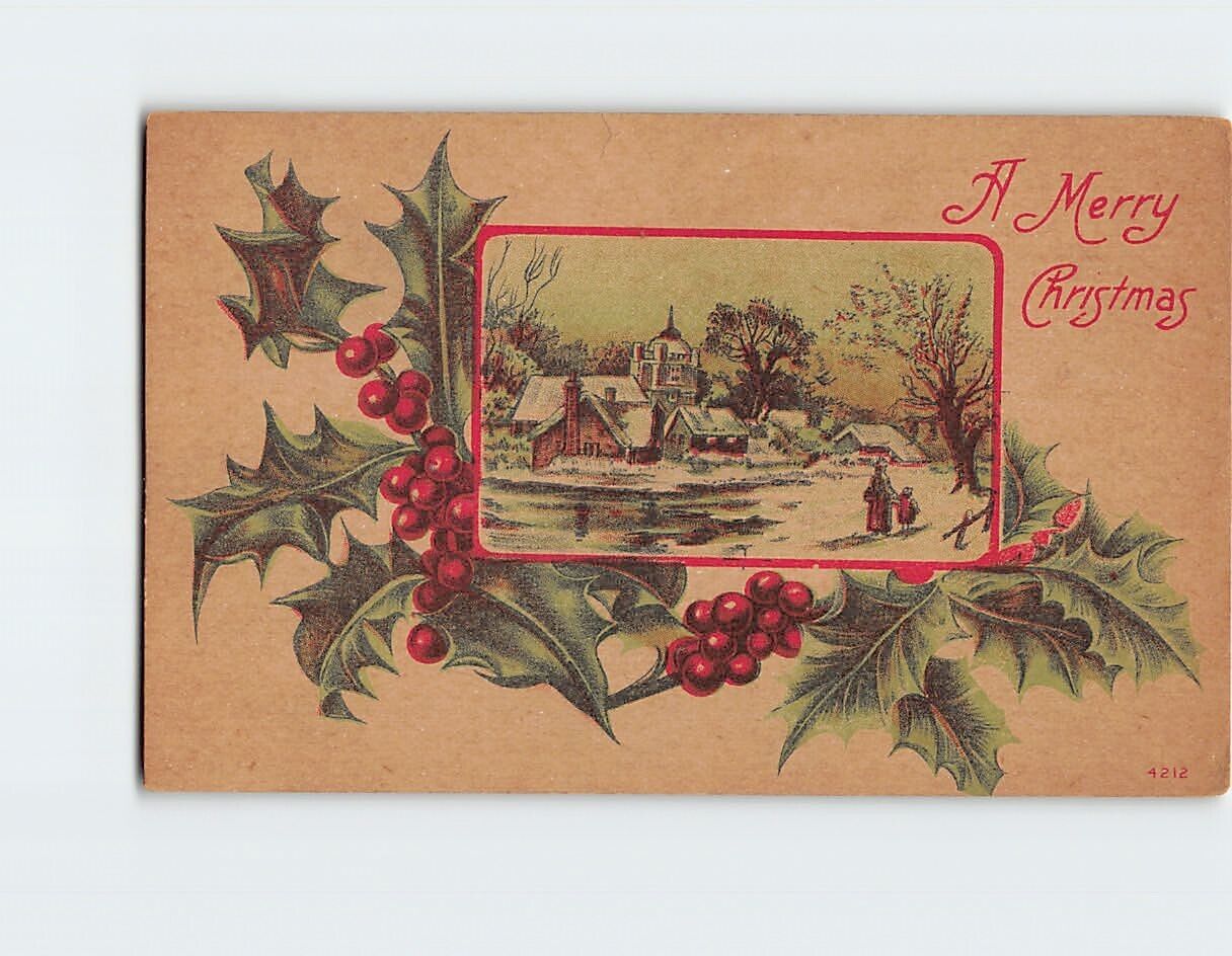 Postcard A Merry Christmas with Hollies Art Print