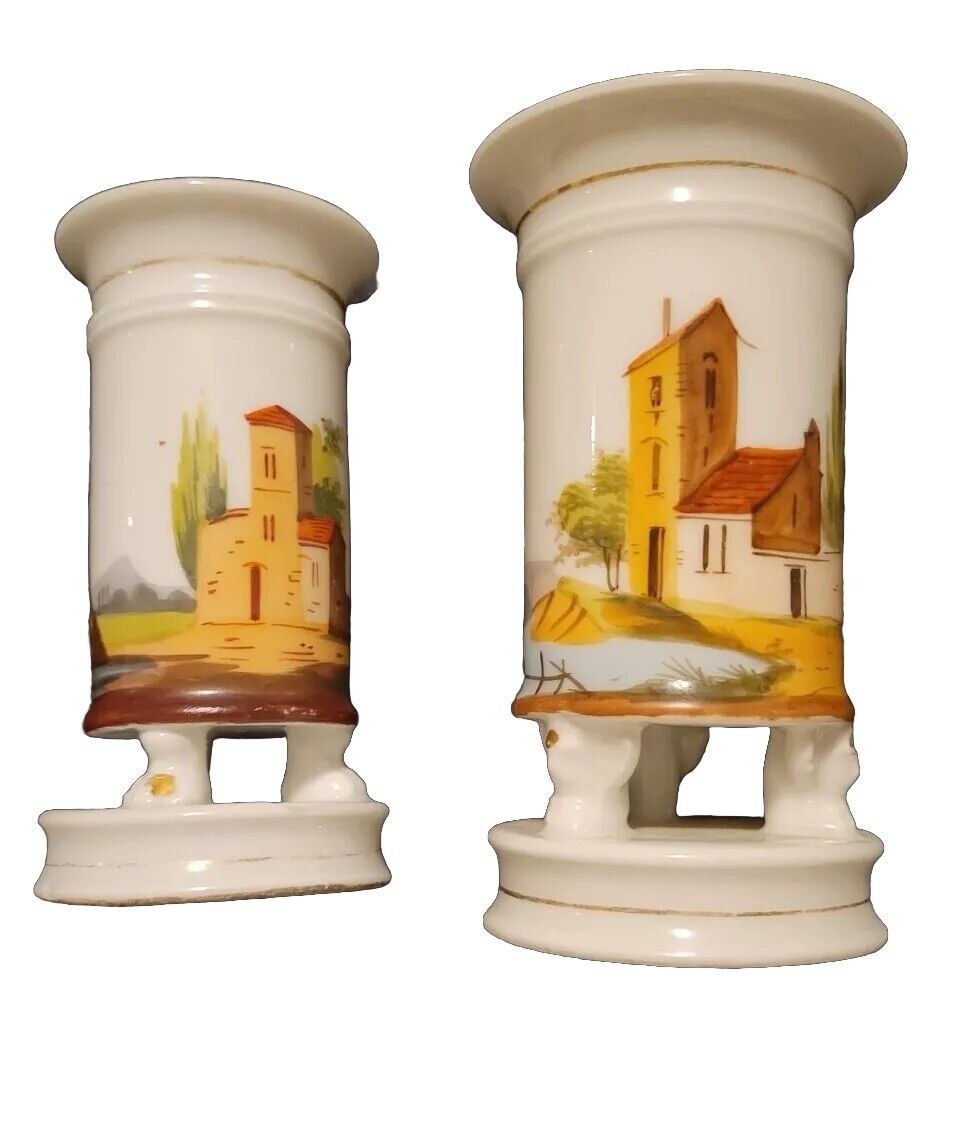 2 19th Century Antique French Porcelain Scenic Spill Vases With Egyptian  Feet