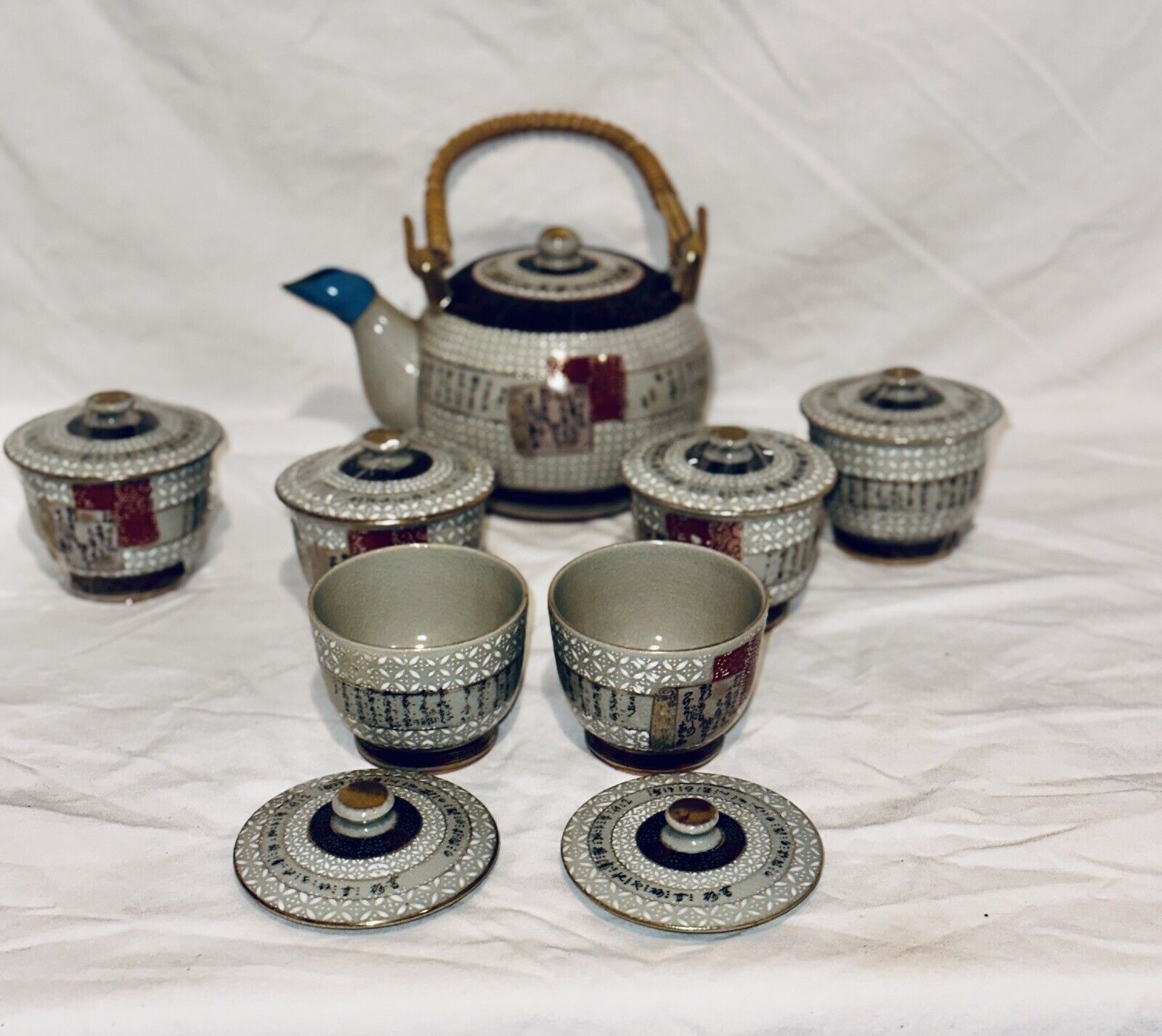Vtg Japanese Enamel/Porcelain/Calligraphy Poem Tea Set 14 Pieces Lids/Cups/Pot