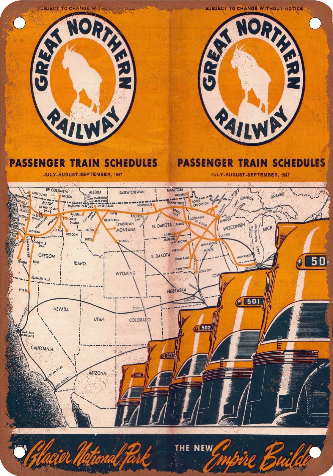 METAL SIGN - 1947 Great Northern Schedule and Route Map - Vintage Rusty Look