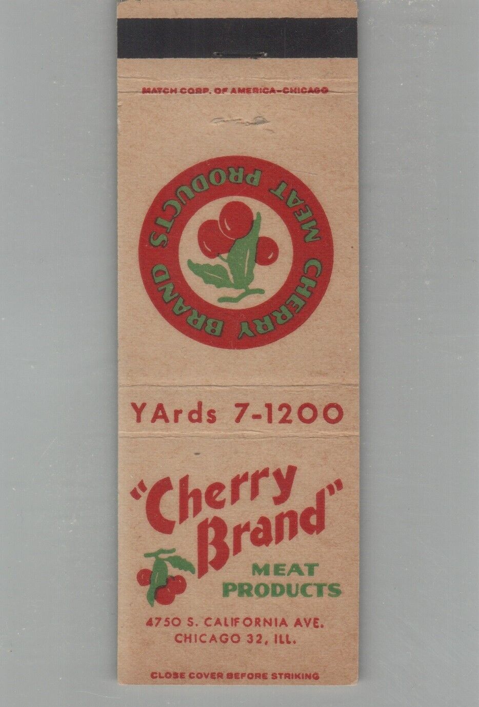 Matchbook Cover Cherry Brand Meat Products Chicago, IL