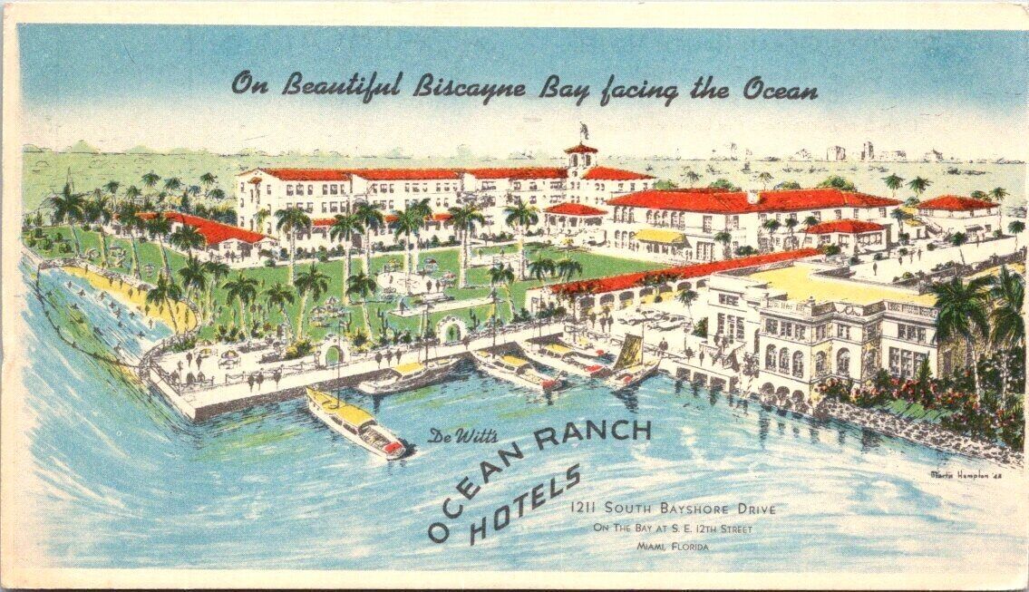 VTG DeWitt\'s Ocean Ranch Hotels Miami FL, WB, Posted 1948, Drawing by M. Hampton