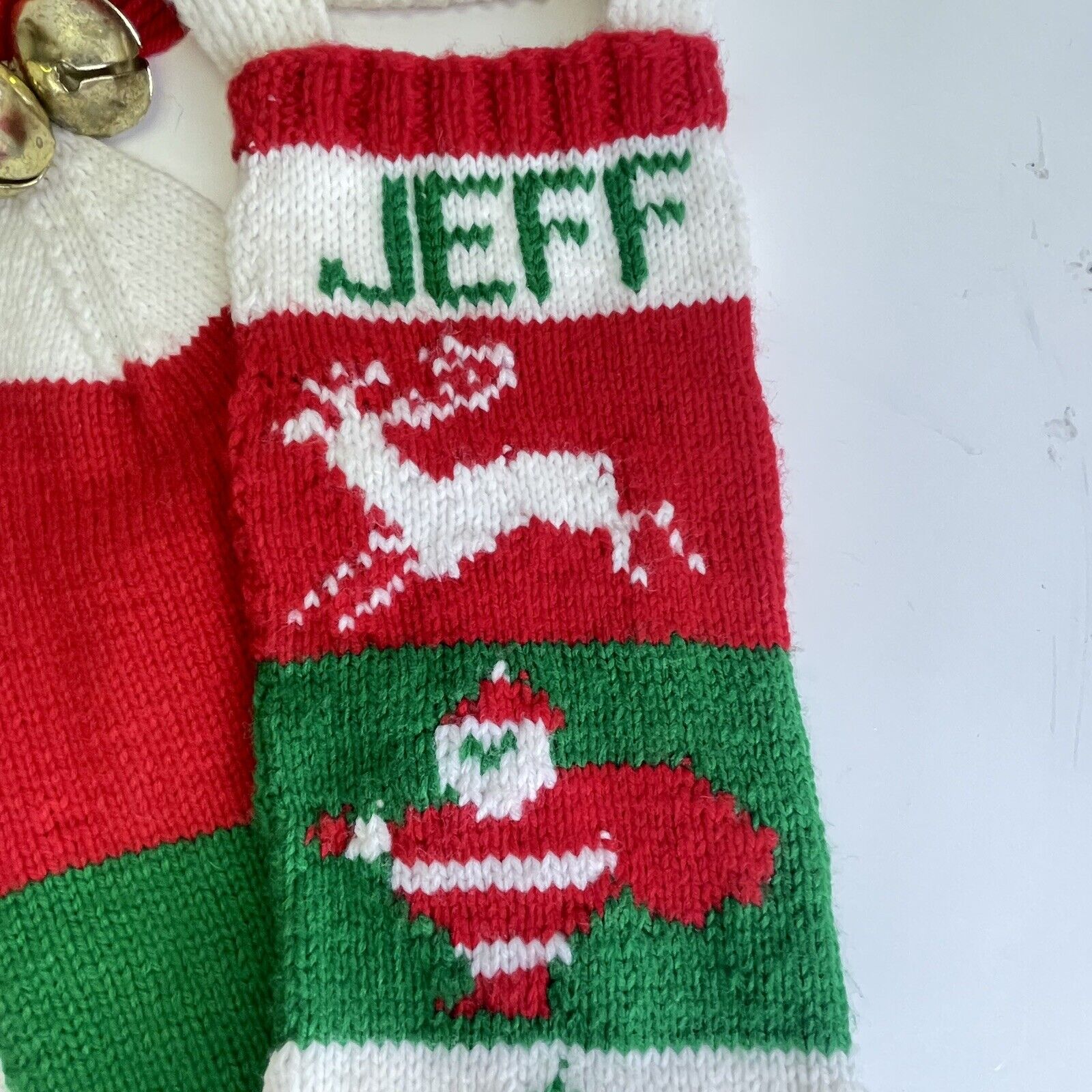 Vtg Handmade Knitted Christmas Stocking Jeff Reindeer Santa Pom Pom Bells 36”