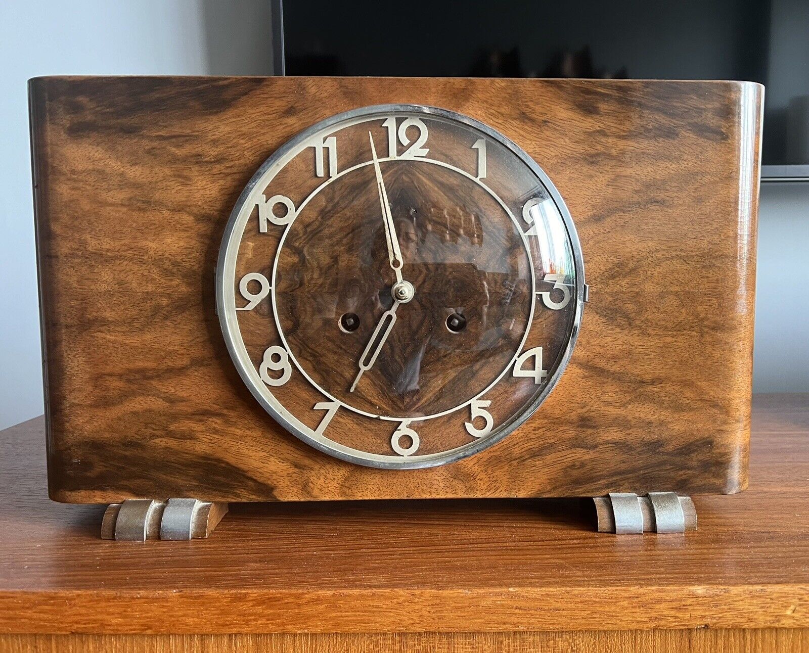 Antique Art Deco German Chiming Walnut Mantel Clock