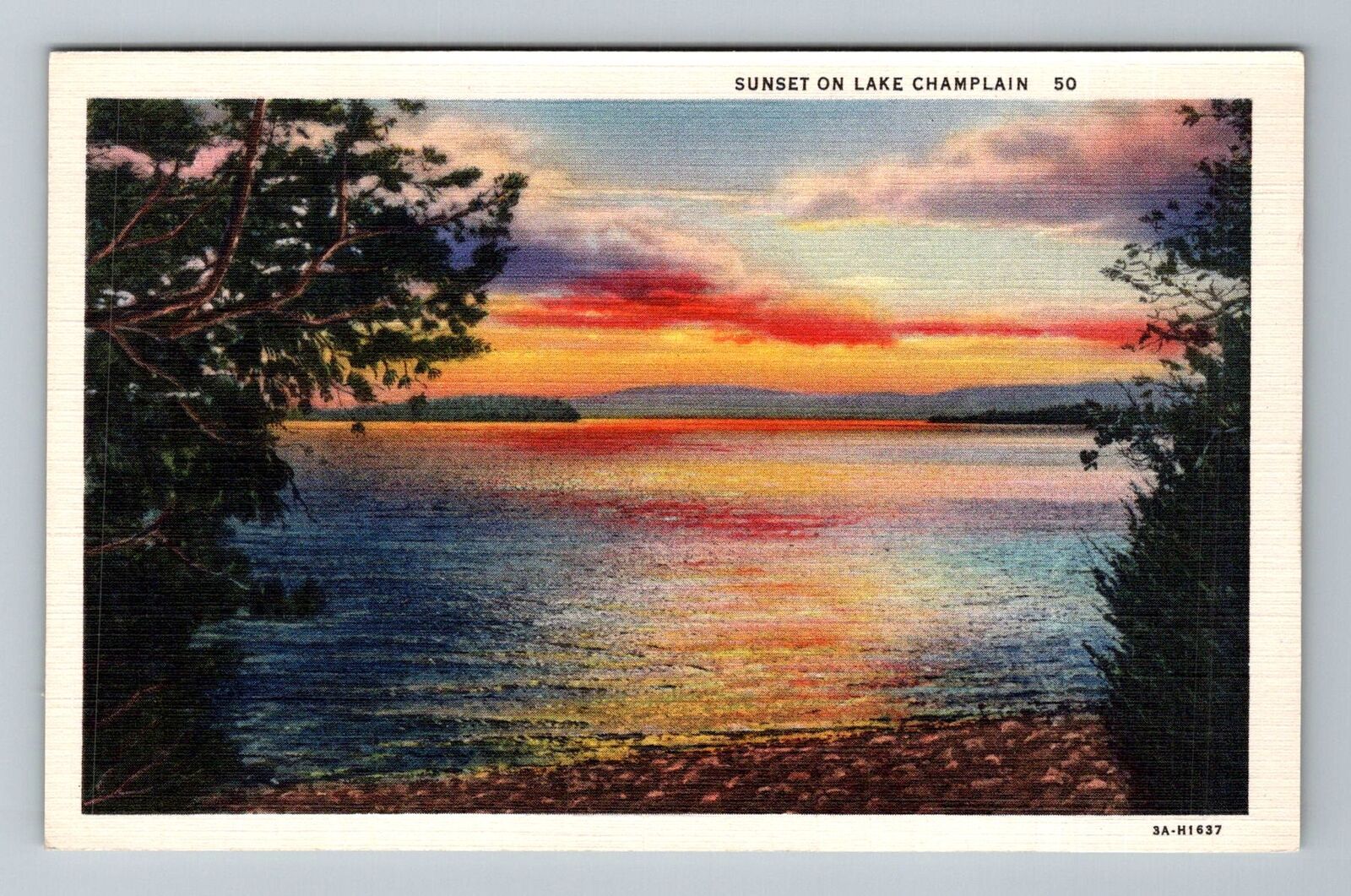 VT-Vermont or NY-New York Lake Champlain At Sunset Colorful Sky Vintage Postcard