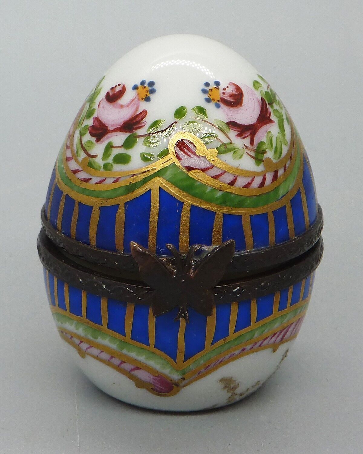 Vintage Limoges Peint a la Main -Hand painted Egg Trinket Box W/ Butterfly Clasp