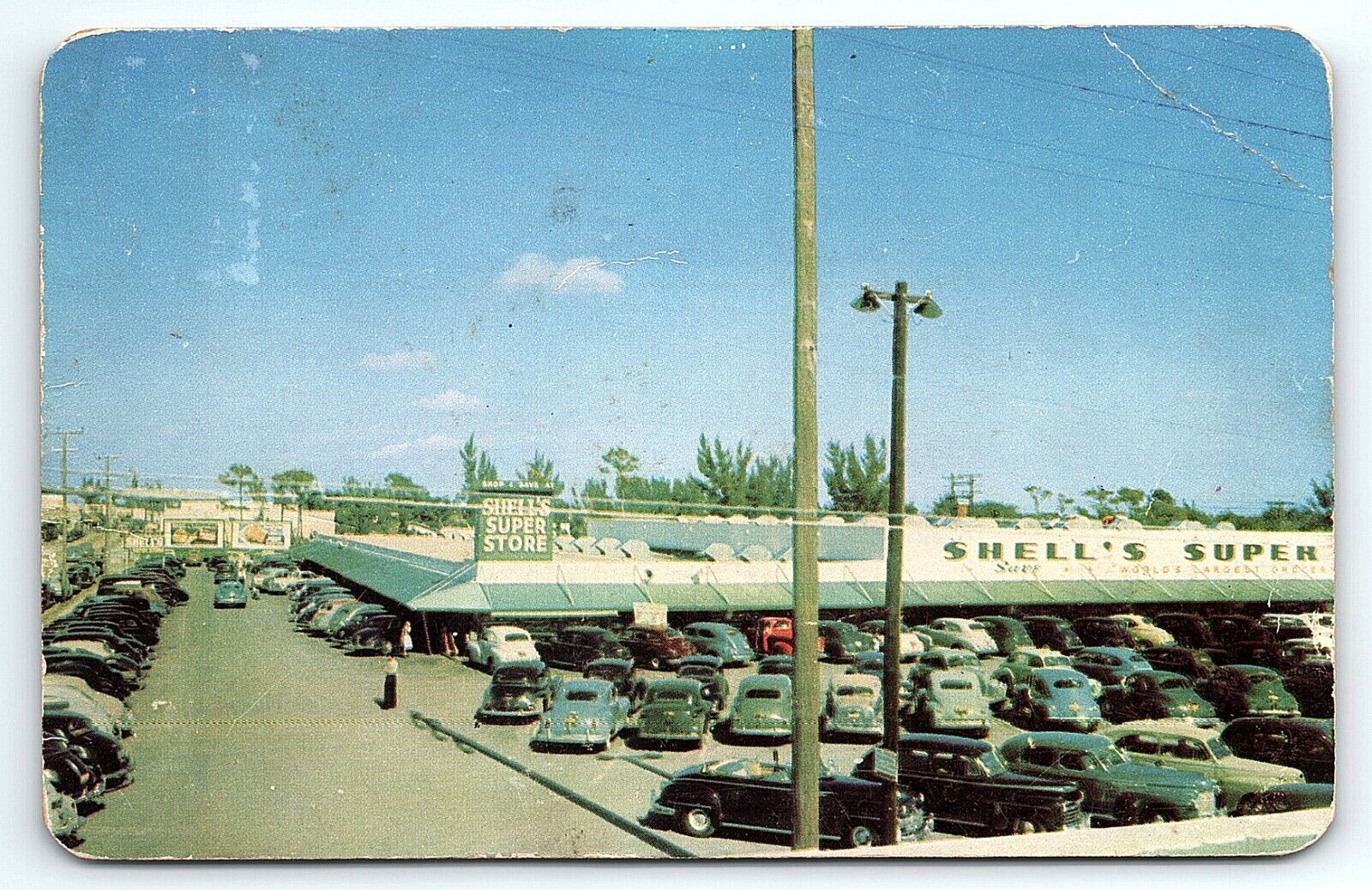 1949 MIAMI FL SHELL'S SUPER STORE WORLD'S LARGEST GROCERY PARKING POSTCARD P3767