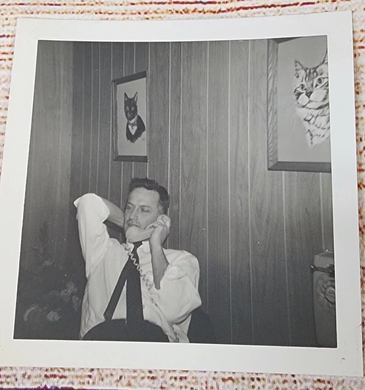Vintage Black White Snapshot Handsome Man Sitting Using Rotary Dial Phone 1960\'s