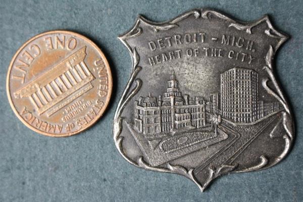 1910s Era Detroit Michigan Heart of the City Building Skyline Shied Shape Medal-