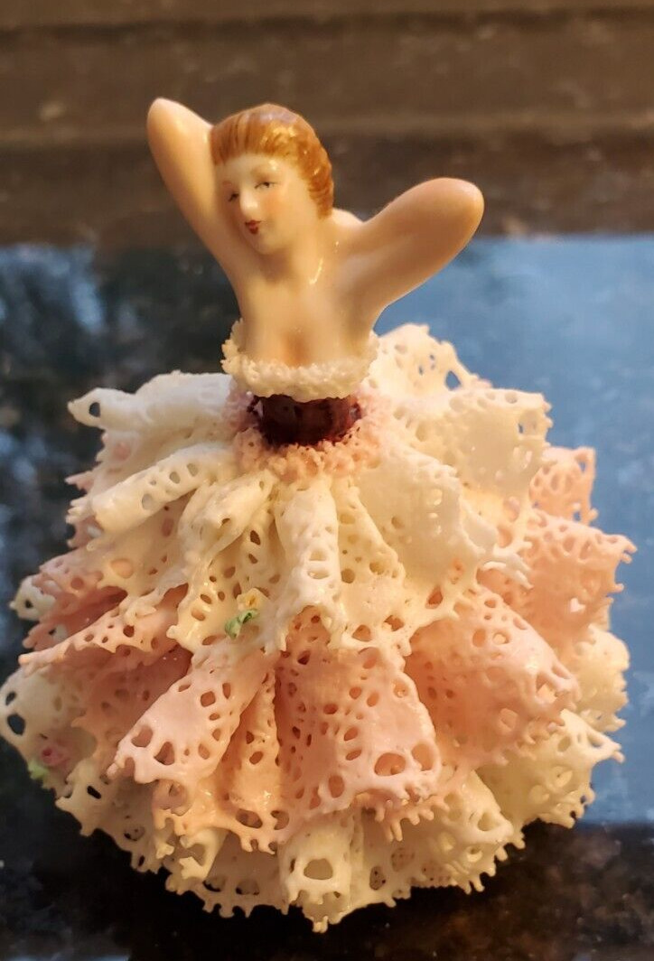 MV Dresden Porcelain Lace Figurine Lady Dancer Arms Up Strapless Pink Gown