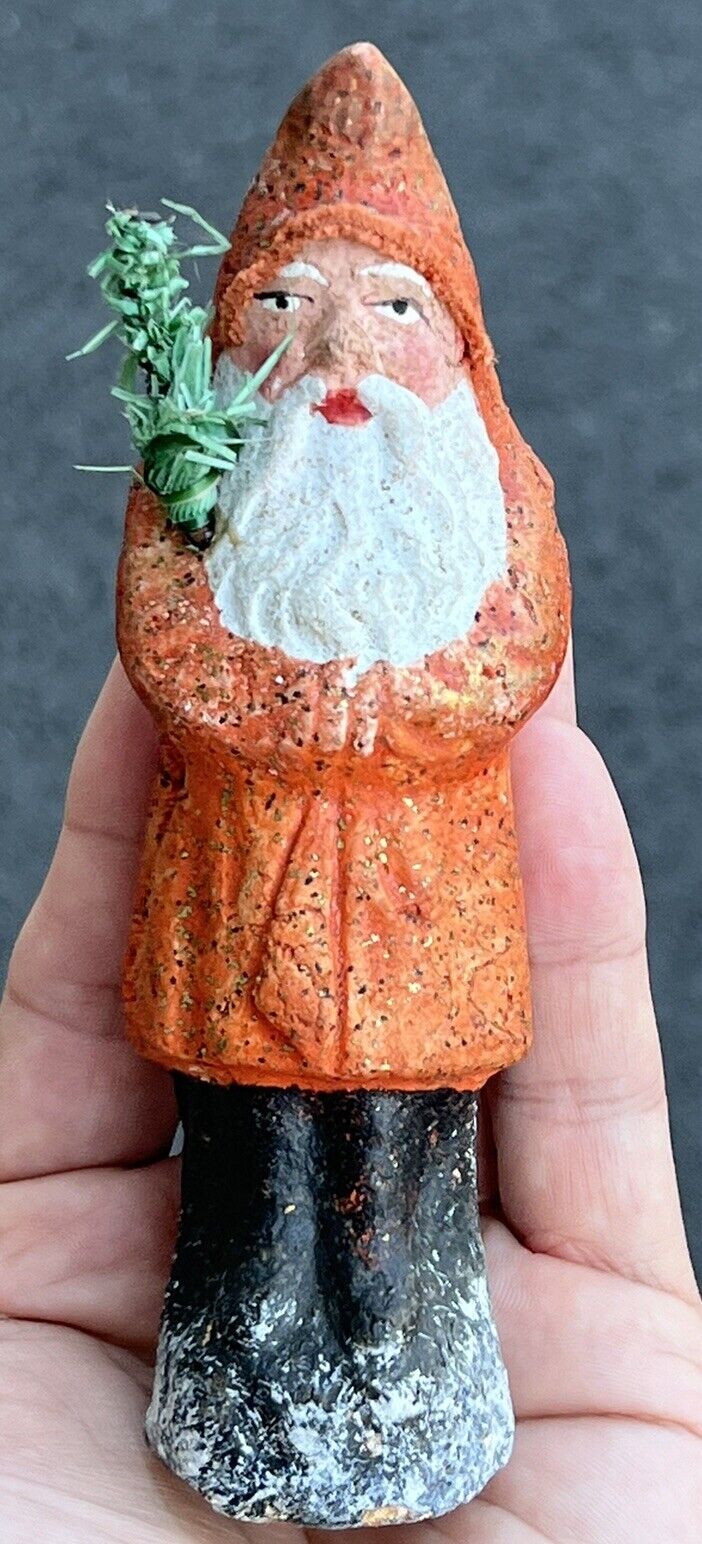 Early Antique Belsnickle 6” German Antique Orange Belsnickle Miniature Santa NM+