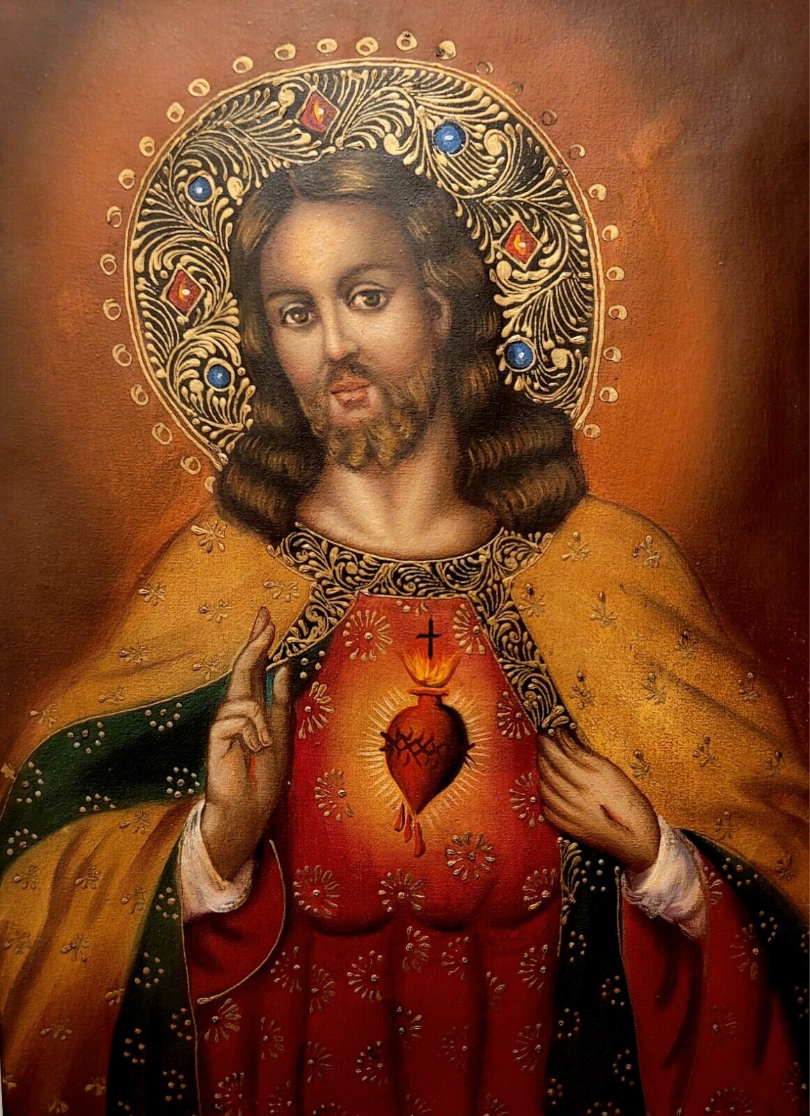 CUZCO SCHOOL - Sacred Heart of Jesus Christ Oil Painting Cusco - Peru