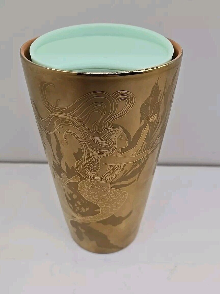 Starbucks 2022 Copper Siren Mermaid Double Wall Ceramic Traveler Tumbler EUC 12z